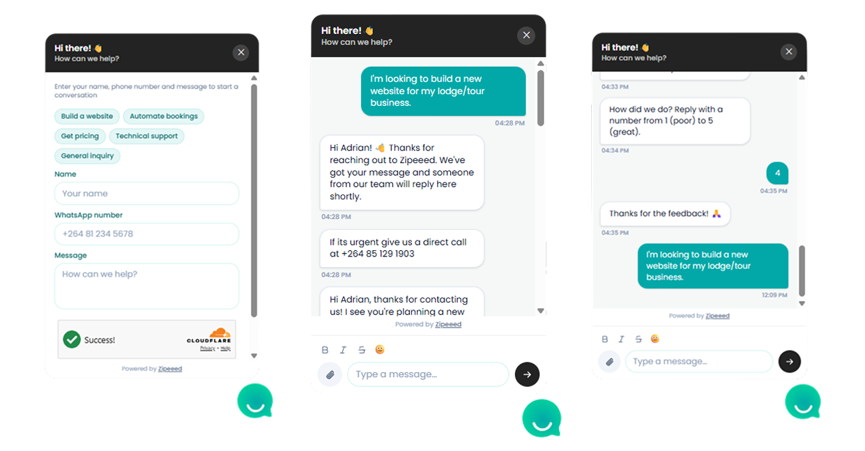 Chat widget open with a form for the visitor's name, WhatsApp number, and message